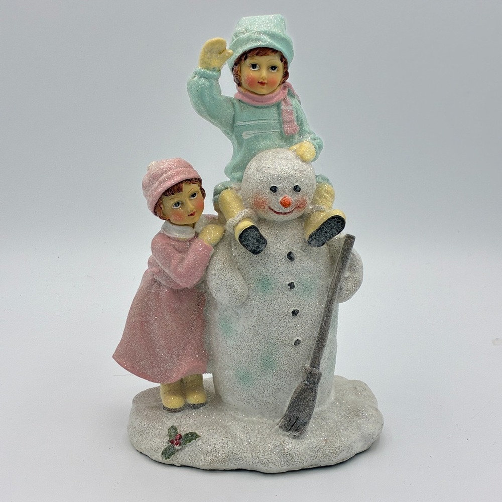 Vintage Resin Glitter Figurine Children Building Snowman Christmas